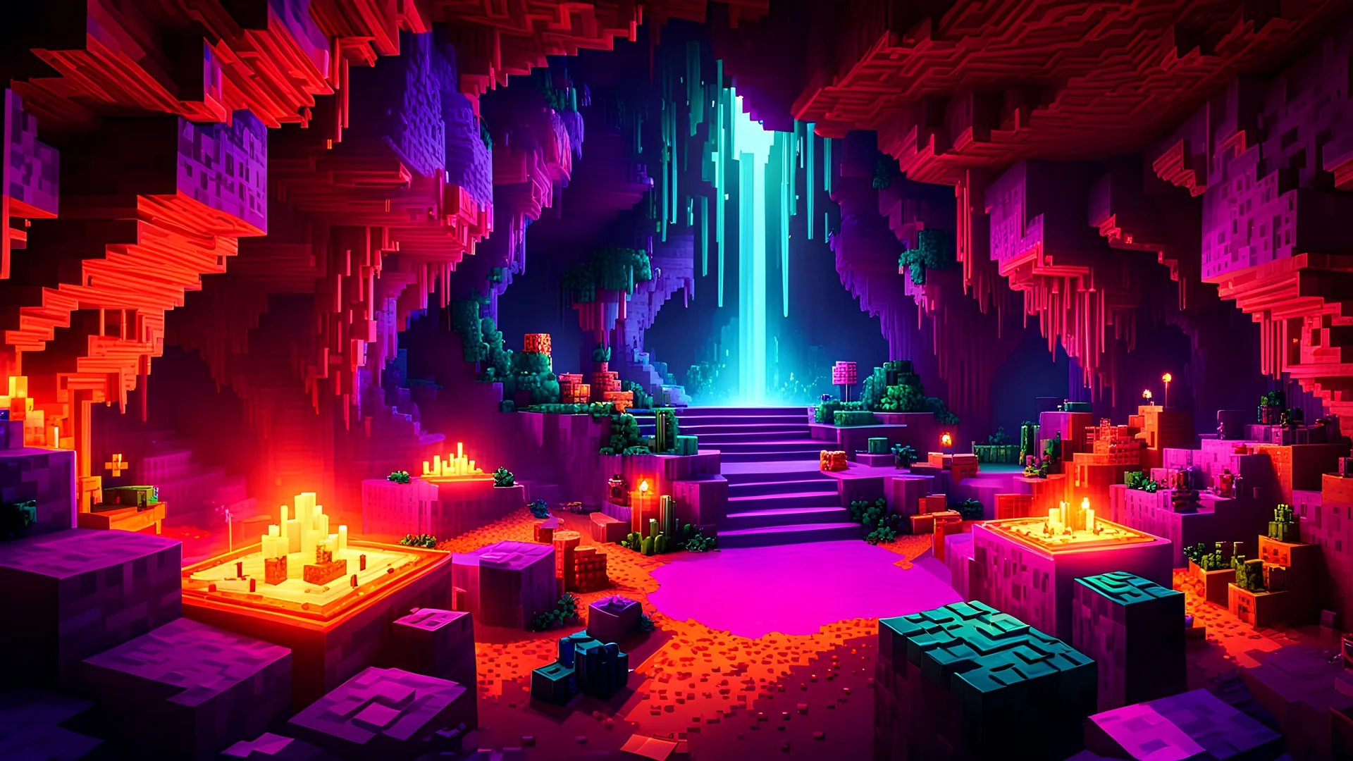 Grotte d’une autre dimension, éclairée de violet et de rouge
